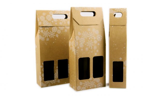 Cajas para vinos individual, doble y triple. Decoración navideña o invernal. Cartonajes Malagueños