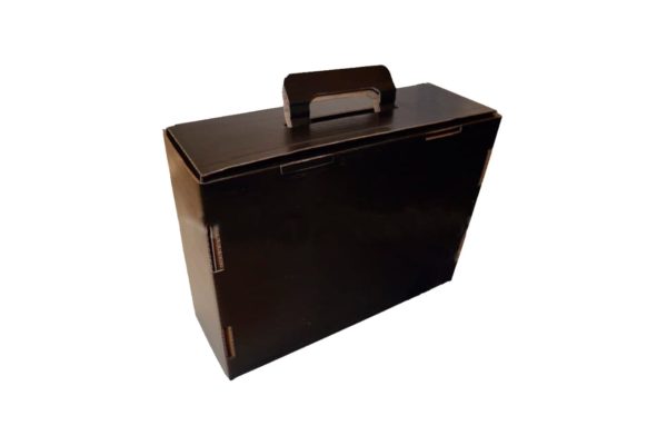 Caja maletín de cartón negro con asa | Cartonajes Malagueños